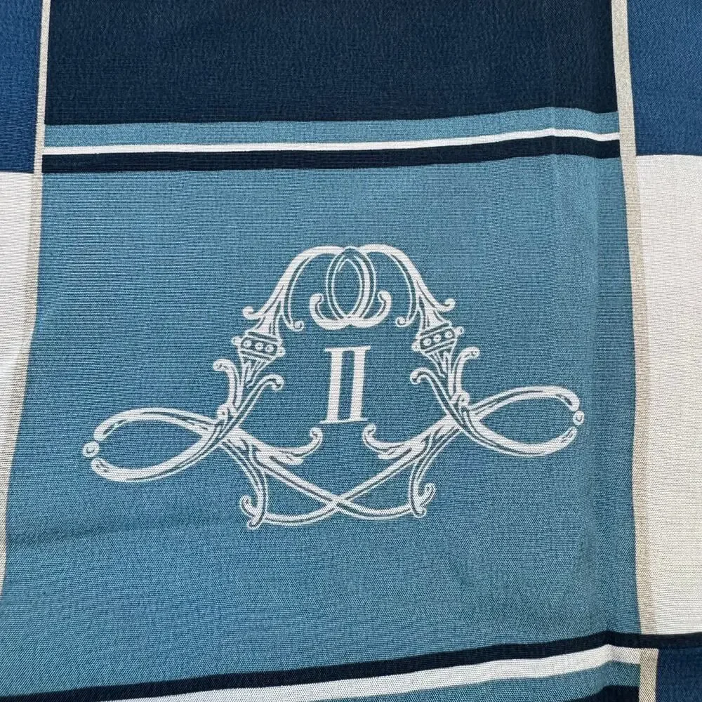 European Equestrian Silk Scarf - Blue Checkered Cultural Heritage Crest Motif